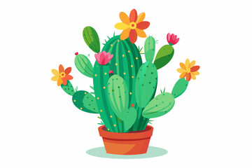 Charming cactus with vibrant flowers blooming against a clean white background.