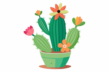 Charming cactus with vibrant flowers adorns a pure white background.
