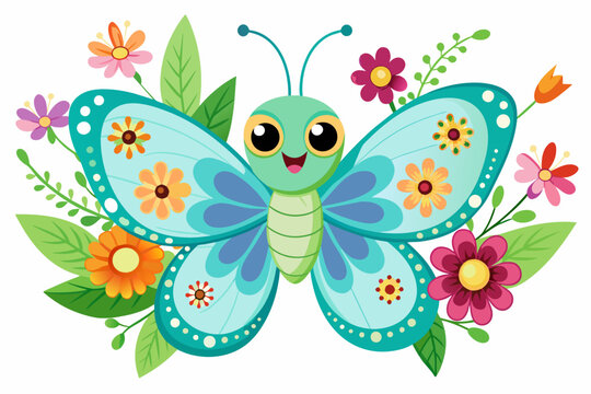 The charming butterfly animal cartoon flutters amidst vibrant flowers, creating a whimsical and enchanting scene.