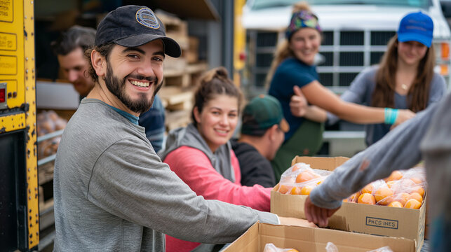 Group volunteer working.Smiling of volunteers packing food into cardboard boxes outside truck.