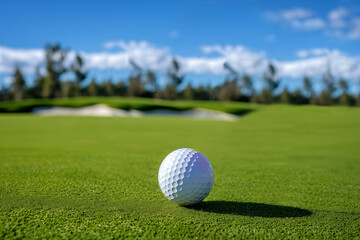 Fototapeta premium Close up of white golf ball on green fairway grass of golf course.
