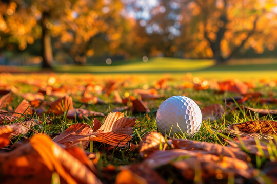Golf ball on green of golf course in Autumn.