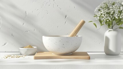 Blank mockup of a modern twist on the traditional mortar and pestle perfect for grinding herbs and es. . - obrazy, fototapety, plakaty