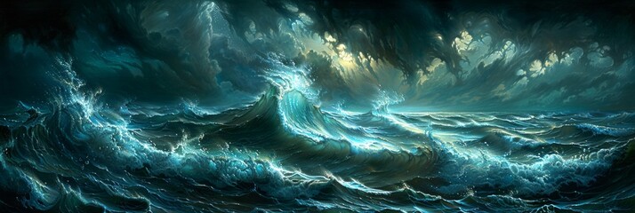 A powerful wave crashes in the ocean, towering in height and exuding a sense of energy and motion.