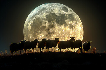  Silhouette a group sheep against giant full moon at night. Eid Al-Adha greeting scene