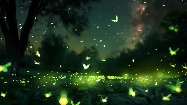 Countless fireflies dance and flicker in an enchanting display among the trees of a dark forest at night. 