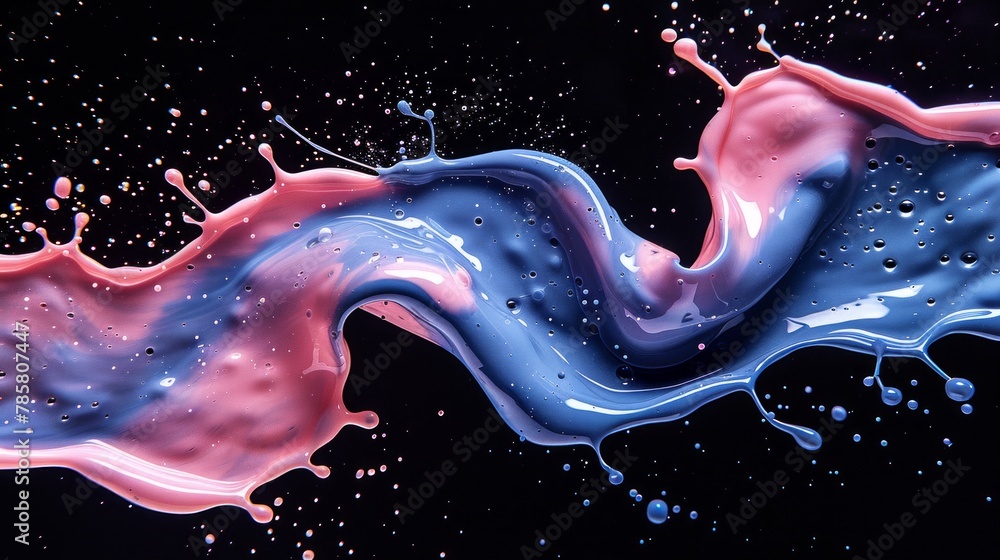 Poster a mesmerizing dance of blue and pink liquids swirl elegantly against a black backdrop creating a stu