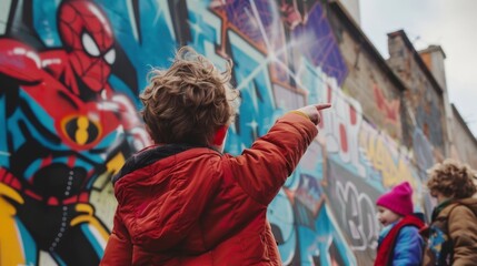 A young boy with tousled hair points excitedly at a graffiti mural of a superhero friends standing...