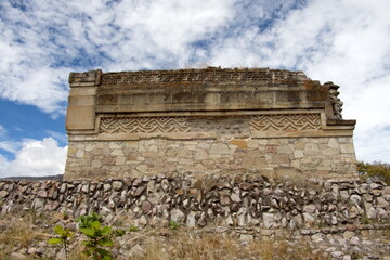Decorative fretwork on the side of a building in Mitla, in San Pablo Villa de Mitla, Oaxaca, Mexico