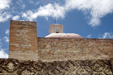 Decorative fretwork on the wall below the Church of San Pedro in Mitla, in San Pablo Villa de Mitla, Oaxaca, Mexico