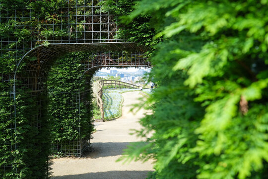 緑の葉が囲む公園に設置されたゲート