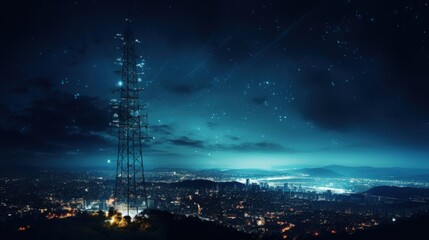 Telecommunication tower and city at night. Mixed media. Communications Tower at Night