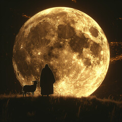  Silhouette a man shepherd with his sheep against giant moon at night. Eid Al-Adha greeting scene