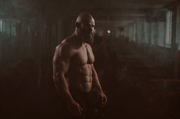 Fototapeta na wymiar Caucasian bald man posing in the gym.