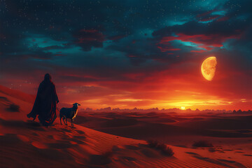  A man shepherd with his sheep against moon at sunset. Eid Al-Adha greeting scene
