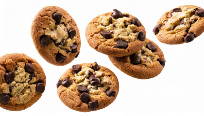 Falling broken chocolate chip cookies isolated on white background with clipping path, flying biscuits collection - obrazy, fototapety, plakaty