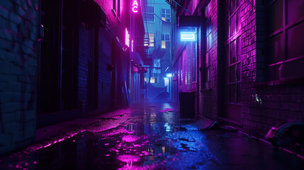A neon city street with a wet sidewalk. The street is lit up with neon lights and the atmosphere is mysterious and intriguing