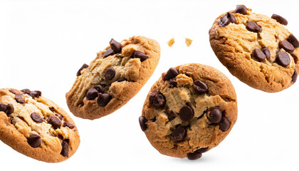 Obraz premium Falling broken chocolate chip cookies isolated on white background with clipping path, flying biscuits collection