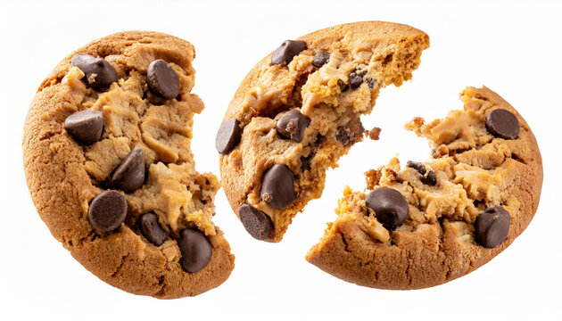 Falling broken chocolate chip cookies isolated on white background with clipping path, flying biscuits collection
