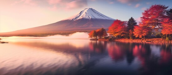 Mountain Fuji with morning fog and red leaves - obrazy, fototapety, plakaty