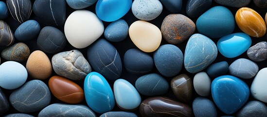 colorful pebbles on the beach as background, top view - obrazy, fototapety, plakaty