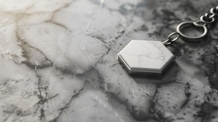Blank mockup of a marble keychain with a blank hexagonal pendant for customization. .
