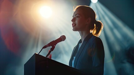 A charismatic businesswoman delivering a speech