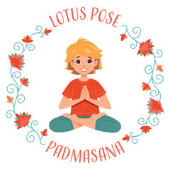 Kid girl doing yoga Lotus pose Padmasana. Fitness concept. Flat vector illustration on white