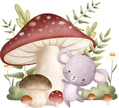 Watercolor Illustration Mouse under Mushroom with Leaves and Flowers at Forest