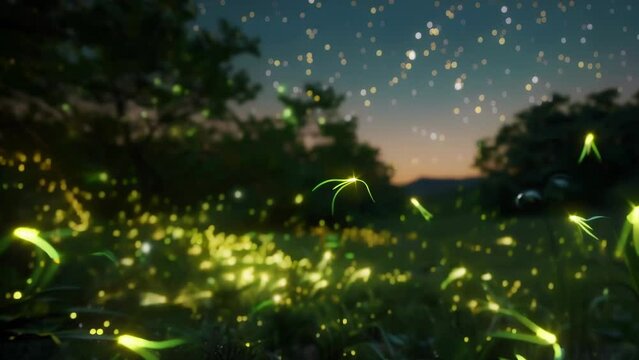 Countless fireflies dance and flicker in an enchanting display among the trees of a dark forest at night. 