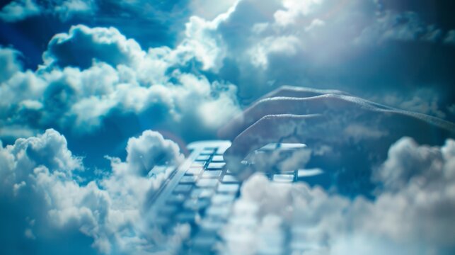 A blurred image of a person typing on a laptop with clouds in the background depicting the seamless integration of technology and the internet through cloud computing. .