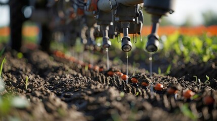 A closeup shot of a biofuelpowered planting machine carefully dropping seeds into the ground with a farmer adjusting the settings to ensure proper spacing. In the background rows of . - obrazy, fototapety, plakaty