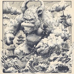 Colossal Fusion Beast Emerging from Turbulent Ocean Waves in Retro Ink