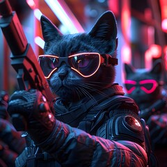 Elite Feline Commandos Poised for Neon Lit Battle with Stealth and Precision - obrazy, fototapety, plakaty