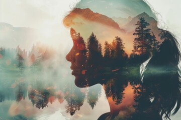 double exposure of pensive woman and serene natural landscape surreal digital illustration - obrazy, fototapety, plakaty