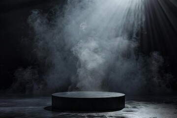 dramatic dark podium with smoke and spotlight abstract product display background - obrazy, fototapety, plakaty