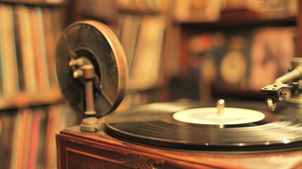 Blurry image of an old gramophone playing a record p ast a collection of vintage vinyls in the background transporting the viewer to a time when this was the main form of music consumption. . - obrazy, fototapety, plakaty