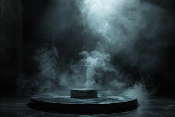 dramatic dark podium with smoke and spotlight abstract product display background - obrazy, fototapety, plakaty