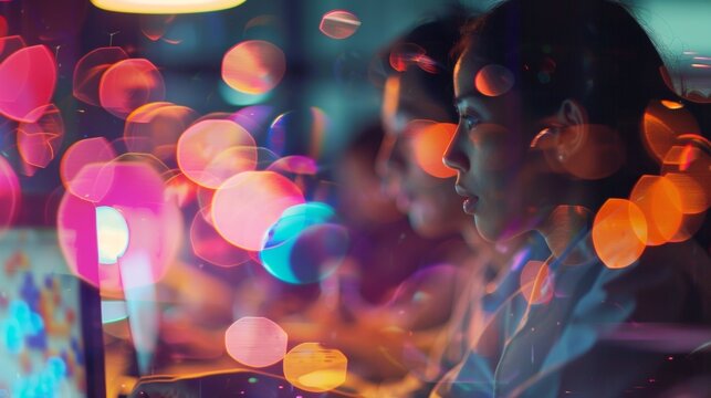 In the background of a warmly lit Bioscience Innovation Workspace abstract shapes and vibrant colors create a mesmerizing defocused backdrop. Amidst the blur focused researchers collaborate .