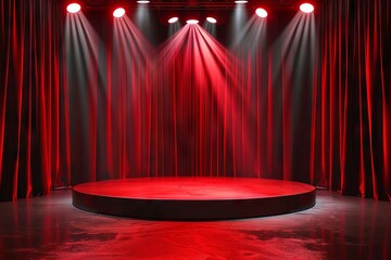 dramatic red spotlight on empty stage with velvet curtains and podium 3d theater background - obrazy, fototapety, plakaty