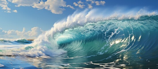 Blue ocean wave with white foam and blue sky.