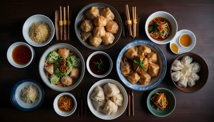 Various Chinese cuisine set. renowned Chinese meals displayed on a table. top view. Chinese restaurant concept. 