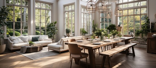 Modern living room interior design with large windows.