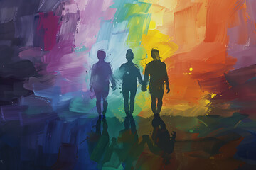 LGBT loving threesome to celebrate gay pride day, standing proudly together amidst the colorful hues of the pride flag, radiating love and solidarity - obrazy, fototapety, plakaty