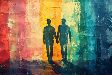 Gay couple in love with LGBTQ colors on pride day, their silhouettes radiating love and happiness against a vibrant rainbow backdrop, symbolizing their commitment to each other and the LGBT