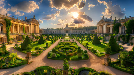 Garden and facade of the palace of Versailles, beautiful gardens outdoors near Paris, France, a royal chateau added to the UNESCO list.