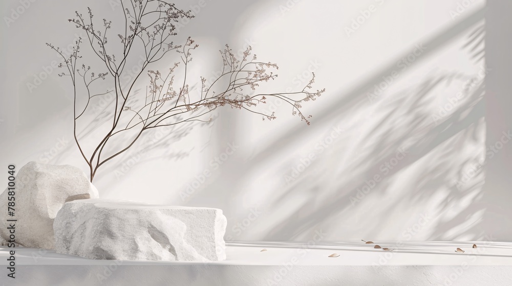 Poster white podium stage background with white stone and branch. 3d rendering . ai generative