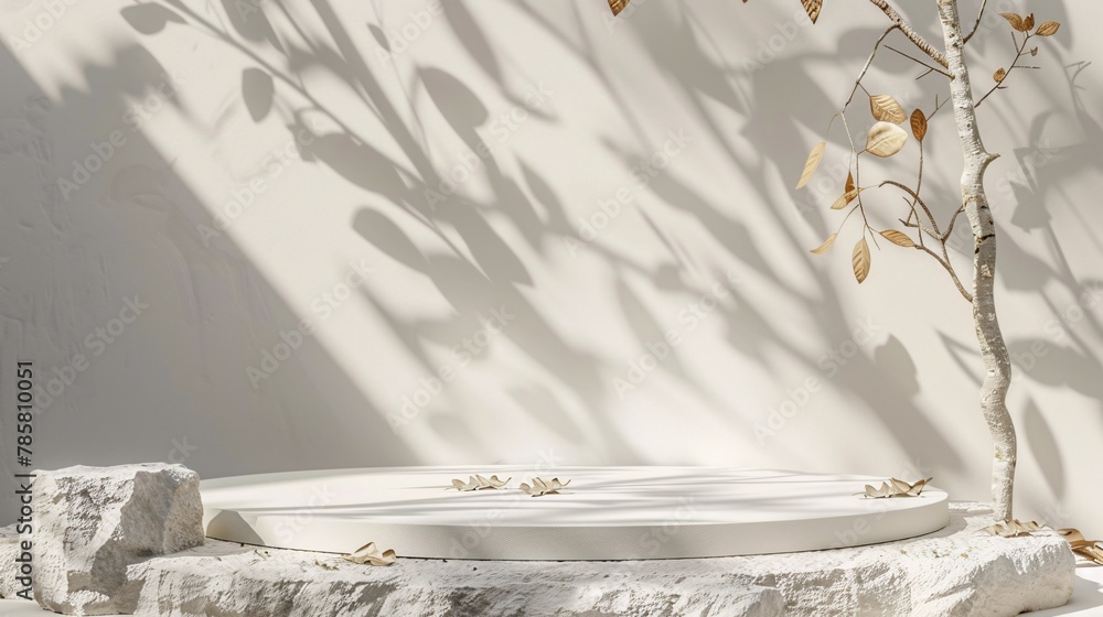 Poster white podium stage background with white stone and branch. 3d rendering . ai generative