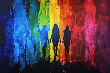 LGBT loving threesome to celebrate gay pride day, their silhouettes illuminated by the vibrant colors of the pride flag, symbolizing their unity and commitment to love