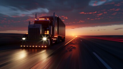 A lone American truck roaring down an open highway at dusk, its headlights cutting through the twilight, the surrounding landscape a blur of motion